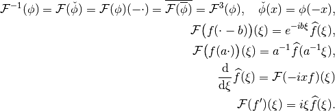 \mathcal{F}^{-1}(\phi) = \mathcal{F}(\check\phi) = \mathcal{F}(\phi)(-\cdot)
= \overline{\mathcal{F}(\overline{\phi})} = \mathcal{F}^3(\phi),
\quad \check\phi(x) = \phi(-x),

\mathcal{F}\big(f(\cdot - b)\big)(\xi) = e^{-i b \xi} \widehat{f}(\xi),

\mathcal{F}\big(f(a \cdot)\big)(\xi) = a^{-1} \widehat{f}(a^{-1}\xi),

\frac{\mathrm{d}}{\mathrm{d} \xi} \widehat{f}(\xi) = \mathcal{F}(-i x f)(\xi)

\mathcal{F}(f')(\xi) = i \xi \widehat{f}(\xi).